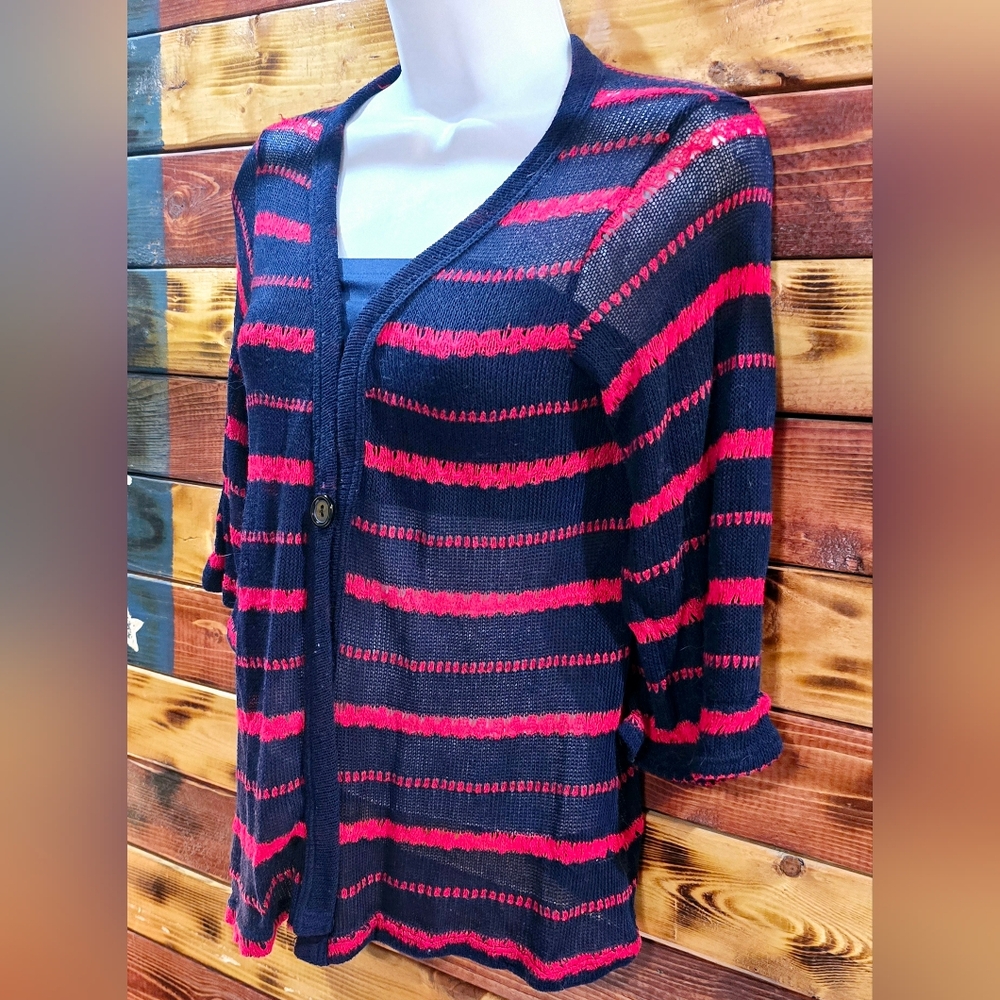 Chris Carol Made In USA Navy Blue Pink Striped Single Button Cardigan Sweater S